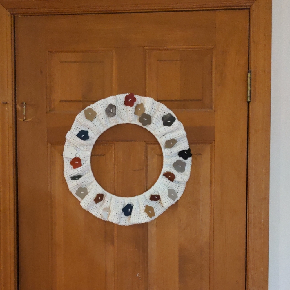 Handmade Crochet Wreath Genuine Leather Multicolor Floral Accents 16.5" - Picture 1 of 11